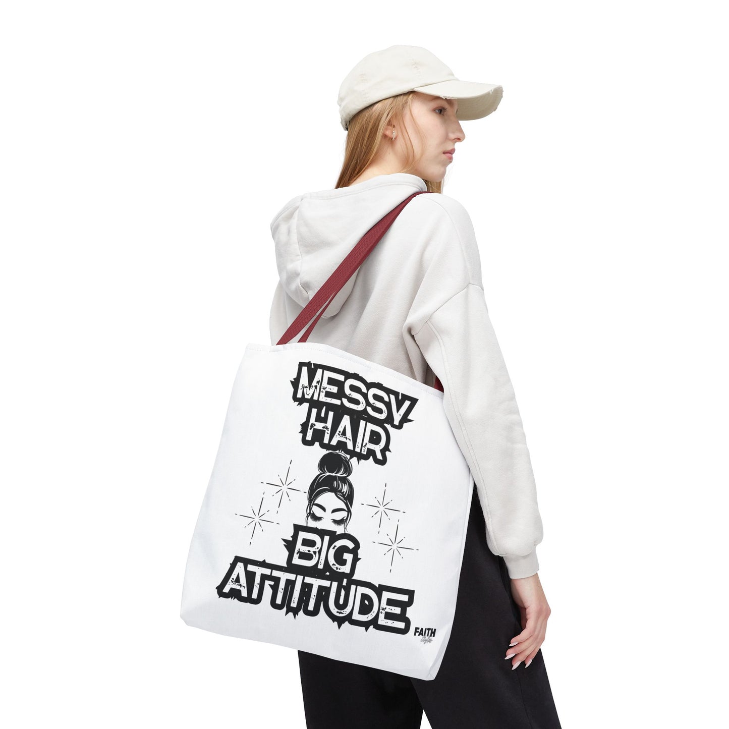 FaithStyles Tote Bag — "Messy Hair Big Attitude" Graphic Tote for Stylish Women