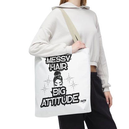 FaithStyles Tote Bag — "Messy Hair Big Attitude" Graphic Tote for Stylish Women
