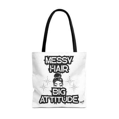 FaithStyles Tote Bag — "Messy Hair Big Attitude" Graphic Tote for Stylish Women