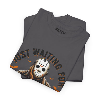 Unisex Halloween Graphic Tee, Spooky T-Shirt for Fall, Just Waiting for My Killer Date Shirt, Perfect for Halloween Parties or Gift