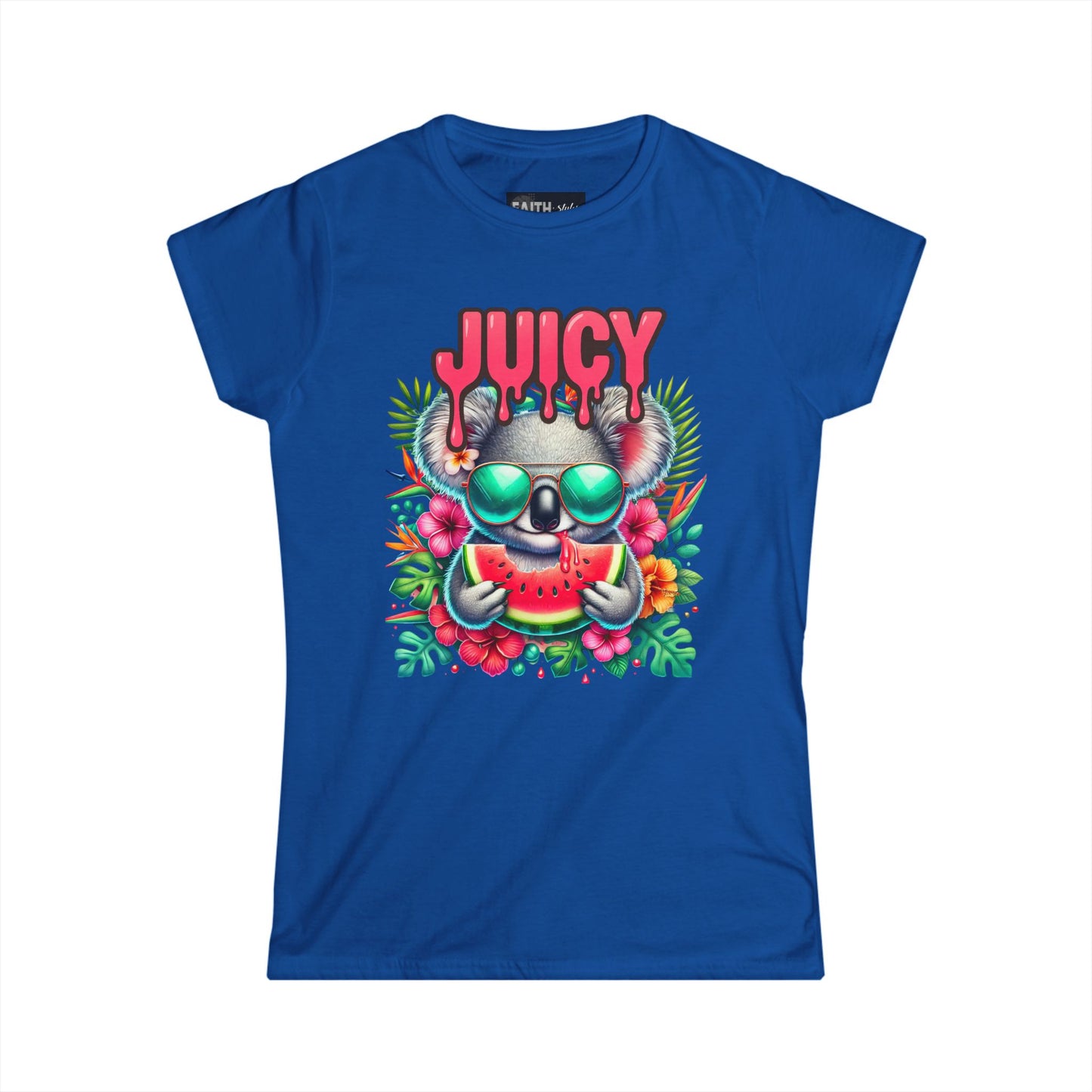 Juicy Koala Women's Softstyle Tee, Cute Summer Shirt, Casual Graphic Tee, Fun Gift for Friends, Tropical Vibe T-Shirt