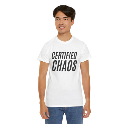 Certified Chaos Unisex Heavy Cotton Tee, Casual Tee, Graphic Tee, Trendy T-Shirt, Gift for Friends, Everyday Wear