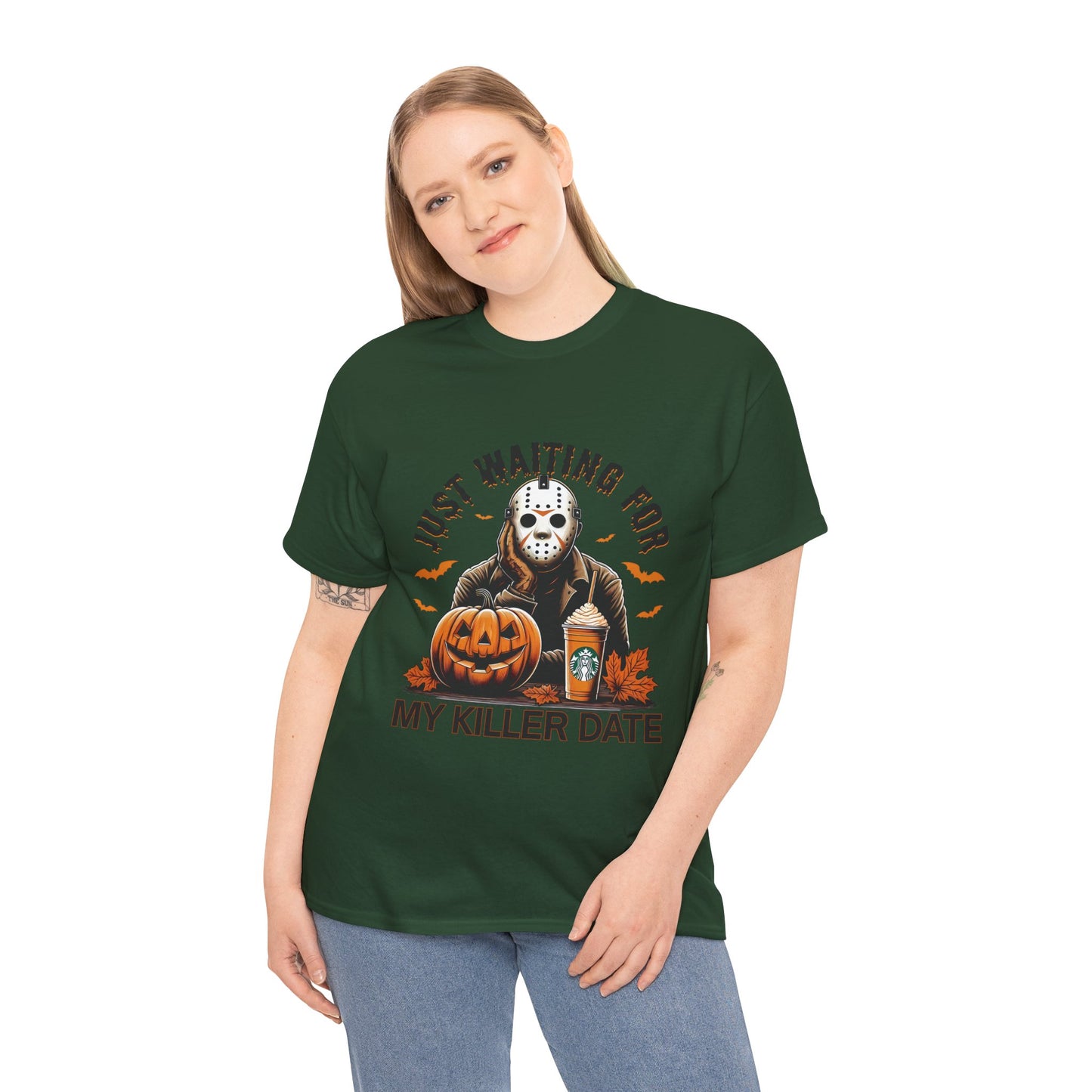 Unisex Halloween Graphic Tee, Spooky T-Shirt for Fall, Just Waiting for My Killer Date Shirt, Perfect for Halloween Parties or Gift