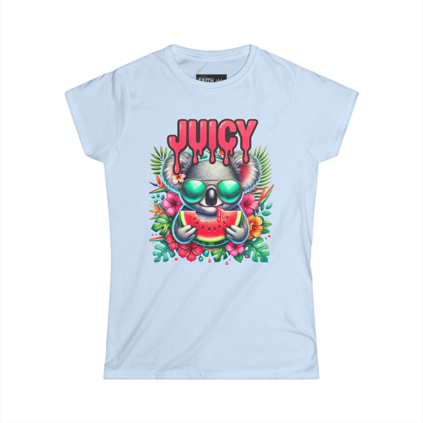 Juicy Koala Women's Softstyle Tee, Cute Summer Shirt, Casual Graphic Tee, Fun Gift for Friends, Tropical Vibe T-Shirt