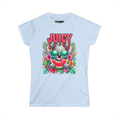 Juicy Koala Women's Softstyle Tee, Cute Summer Shirt, Casual Graphic Tee, Fun Gift for Friends, Tropical Vibe T-Shirt