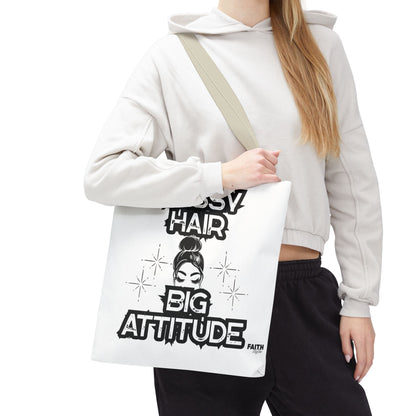 FaithStyles Tote Bag — "Messy Hair Big Attitude" Graphic Tote for Stylish Women