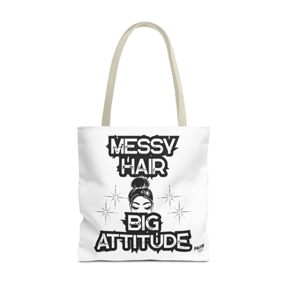 FaithStyles Tote Bag — "Messy Hair Big Attitude" Graphic Tote for Stylish Women