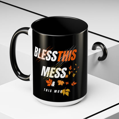 Bless This Mess Coffee Mug, Autumn Mug, Funny Mug Gift, Black Ceramic Mug, Fall Coffee Cup