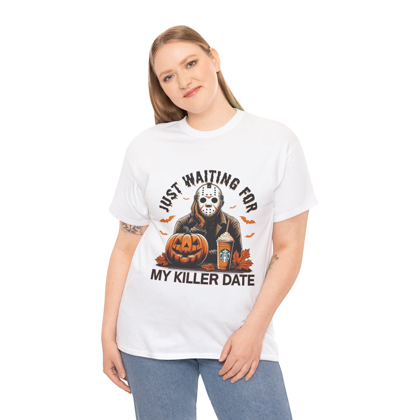 Unisex Halloween Graphic Tee, Spooky T-Shirt for Fall, Just Waiting for My Killer Date Shirt, Perfect for Halloween Parties or Gift