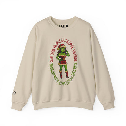 Holiday Goblin Girl Crewneck Sweatshirt — 'Favorite Snack' Christmas Sweatshirt