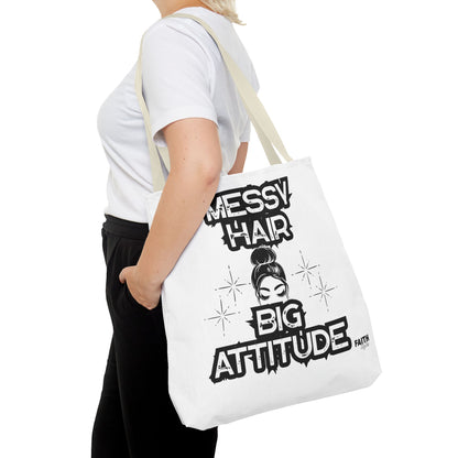 FaithStyles Tote Bag — "Messy Hair Big Attitude" Graphic Tote for Stylish Women