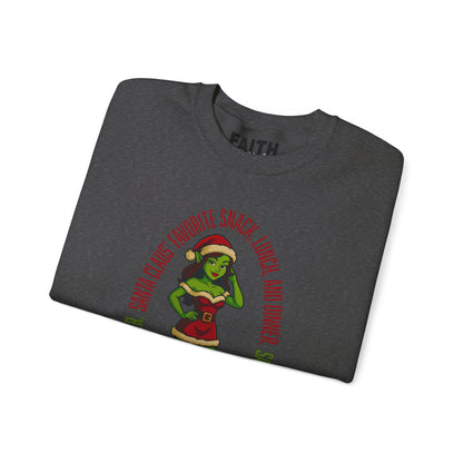 Holiday Goblin Girl Crewneck Sweatshirt — 'Favorite Snack' Christmas Sweatshirt