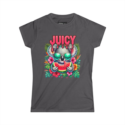 Juicy Koala Women's Softstyle Tee, Cute Summer Shirt, Casual Graphic Tee, Fun Gift for Friends, Tropical Vibe T-Shirt