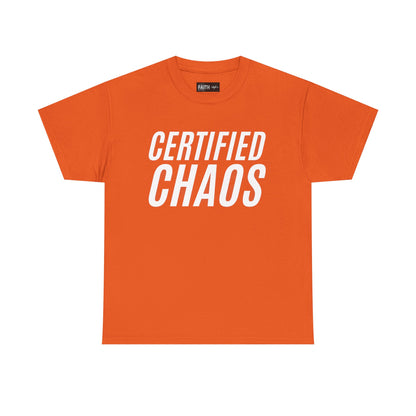 Certified Chaos Unisex Heavy Cotton Tee, Casual Tee, Graphic Tee, Trendy T-Shirt, Gift for Friends, Everyday Wear