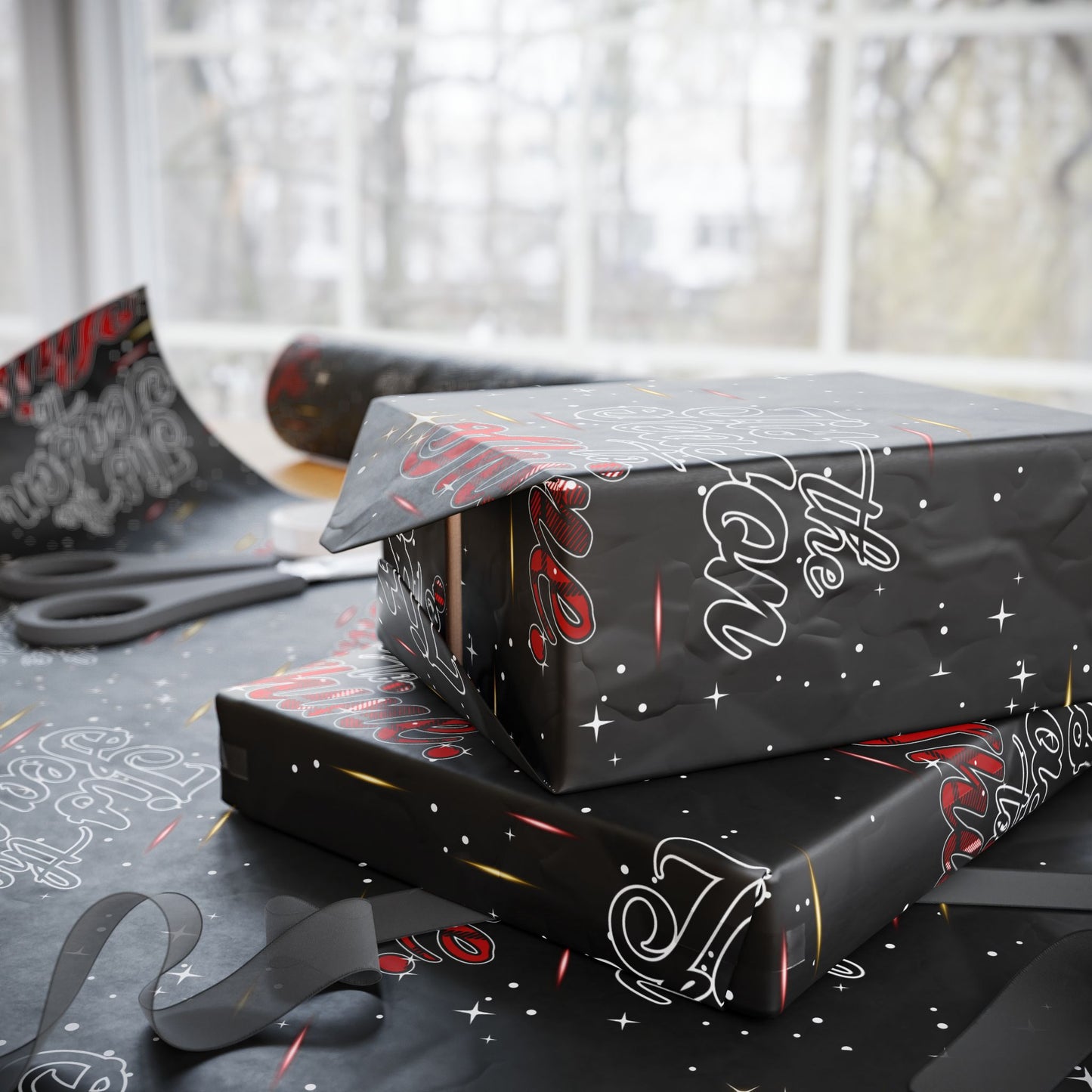 Wrapping Paper Roll — Black Space Pattern with Red 'Ho Ho Ho' Holiday Design
