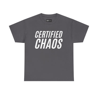 Certified Chaos Unisex Heavy Cotton Tee, Casual Tee, Graphic Tee, Trendy T-Shirt, Gift for Friends, Everyday Wear