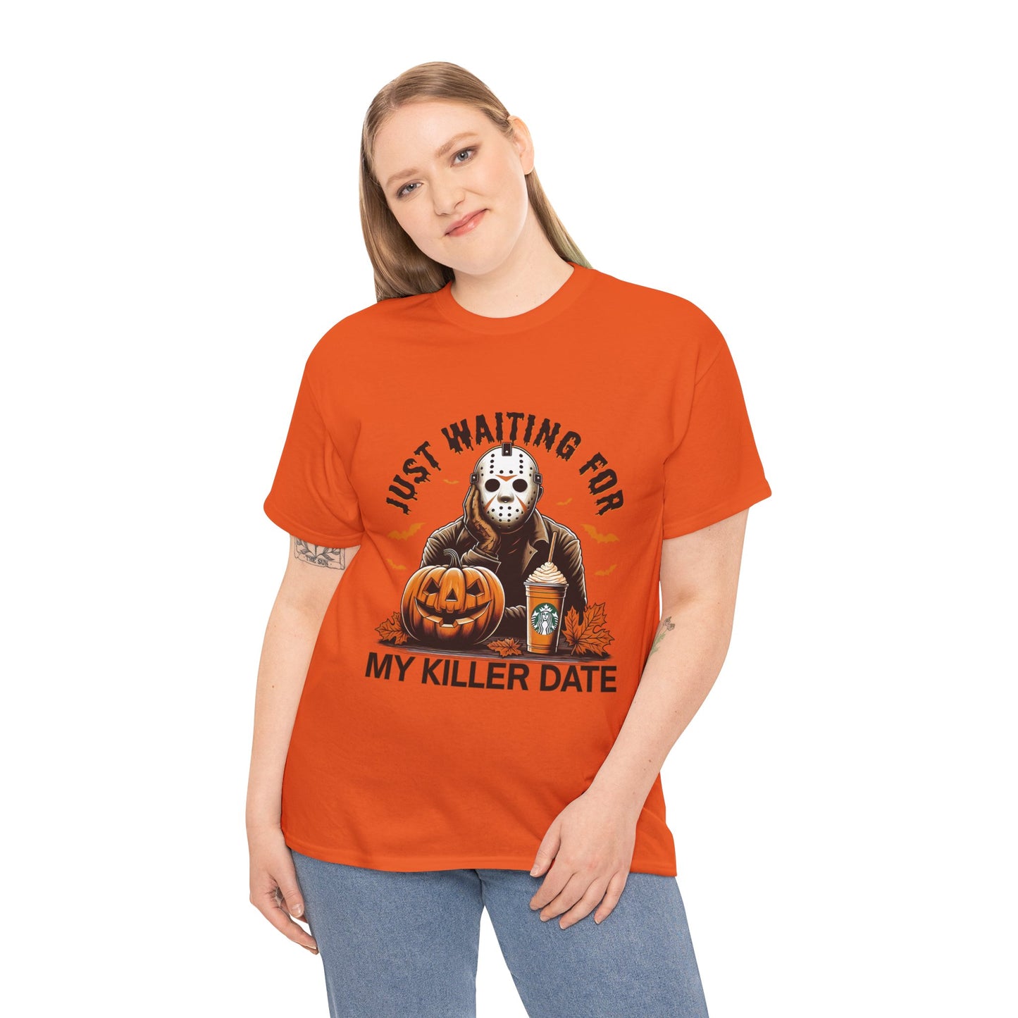 Unisex Halloween Graphic Tee, Spooky T-Shirt for Fall, Just Waiting for My Killer Date Shirt, Perfect for Halloween Parties or Gift