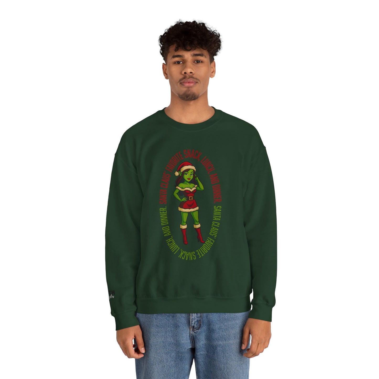 Holiday Goblin Girl Crewneck Sweatshirt — 'Favorite Snack' Christmas Sweatshirt
