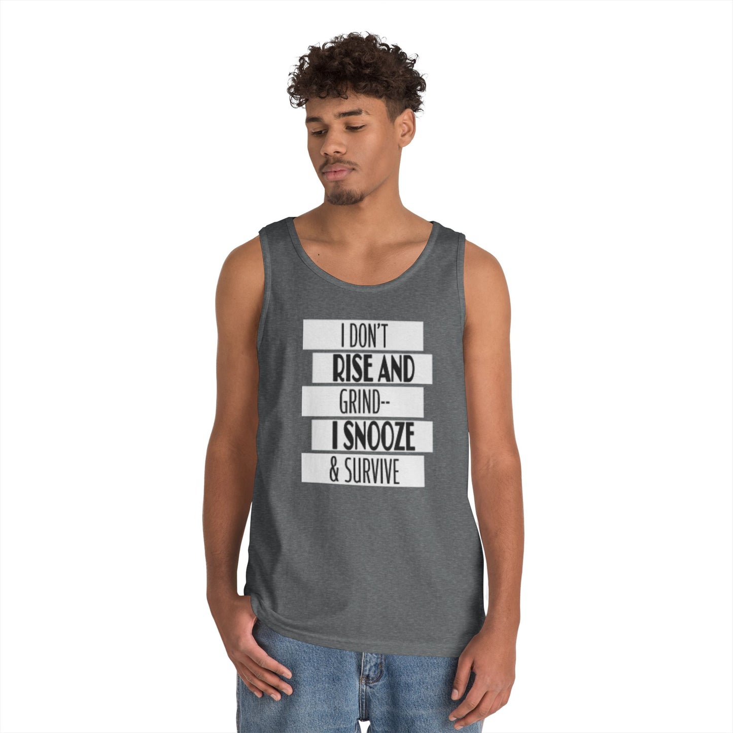 Heavy Cotton Tank Top with "I Don't Rise and Grind - I Snooze & Survive" Design - Relaxed Vibe, Perfect for Lazy Days, Gift for [...]