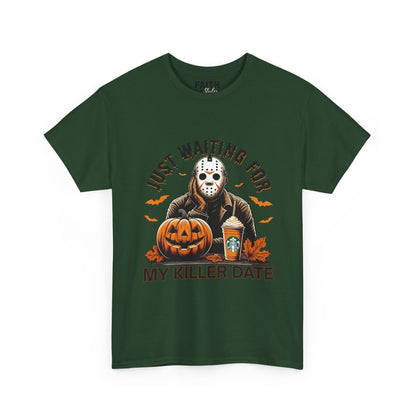 Unisex Halloween Graphic Tee, Spooky T-Shirt for Fall, Just Waiting for My Killer Date Shirt, Perfect for Halloween Parties or Gift