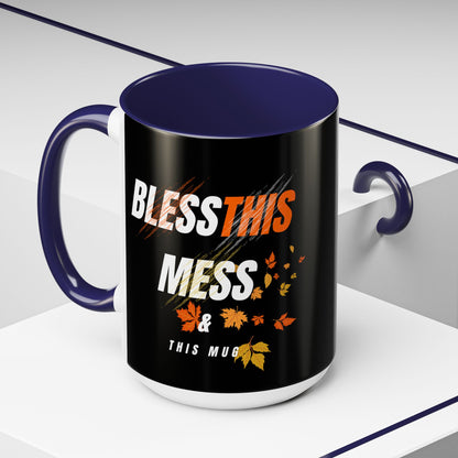 FaithStyles Bless This Mess Coffee Mug, Autumn Mug, Funny Mug Gift, Black Ceramic Mug, Fall Coffee Cup