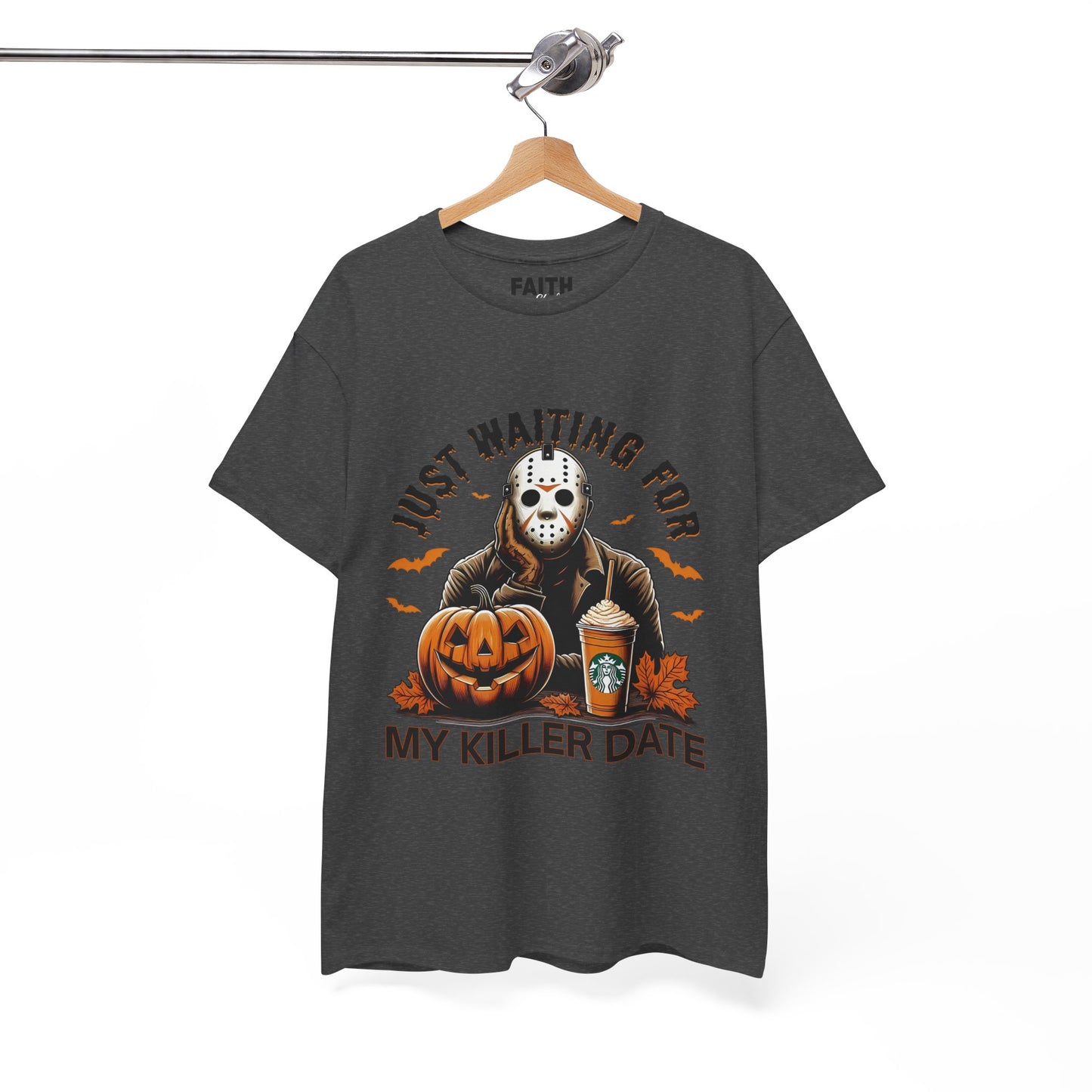 Unisex Halloween Graphic Tee, Spooky T-Shirt for Fall, Just Waiting for My Killer Date Shirt, Perfect for Halloween Parties or Gift