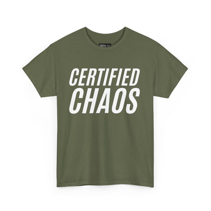 Certified Chaos Unisex Heavy Cotton Tee, Casual Tee, Graphic Tee, Trendy T-Shirt, Gift for Friends, Everyday Wear