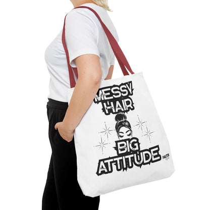 FaithStyles Tote Bag — "Messy Hair Big Attitude" Graphic Tote for Stylish Women