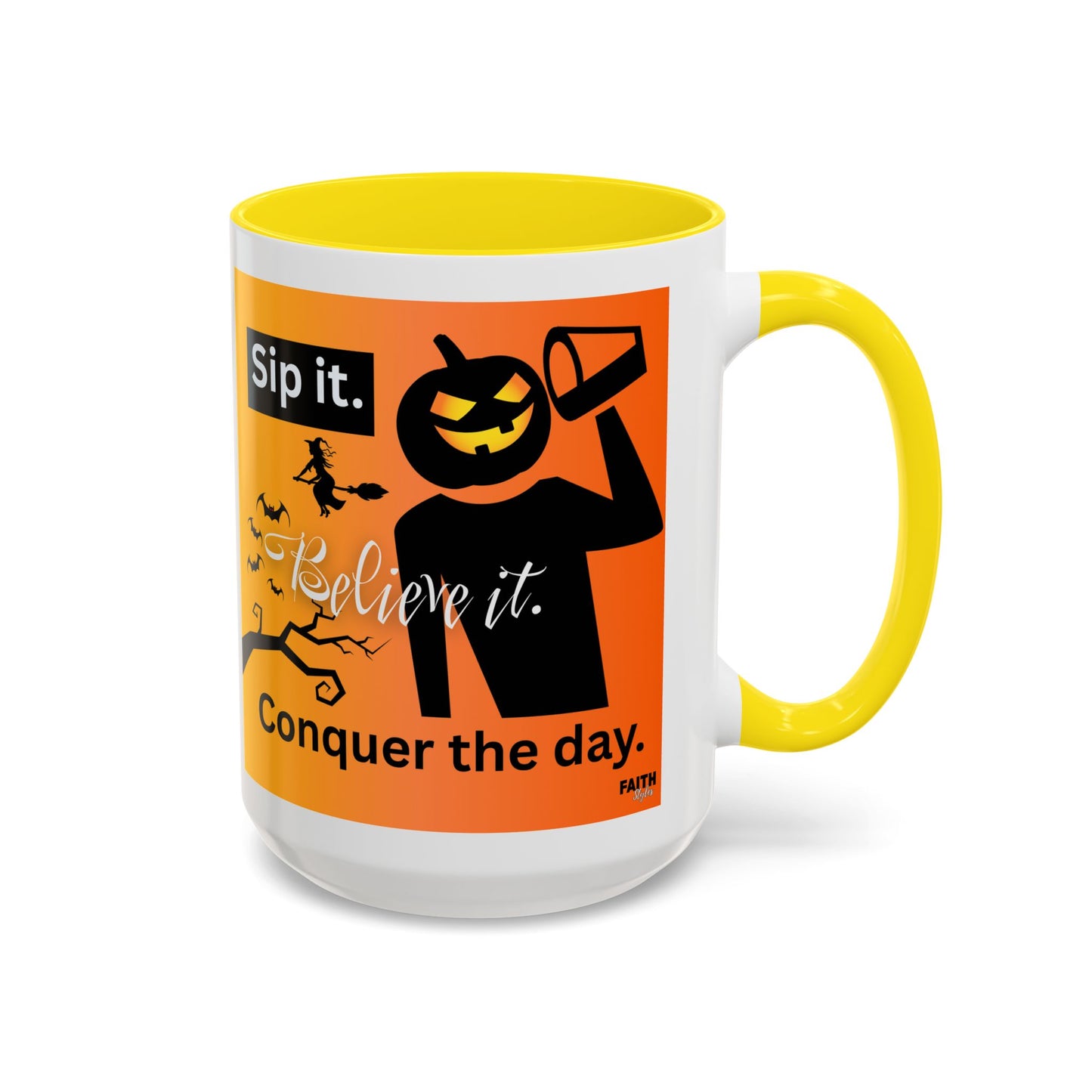 FaithStyles Halloween-Themed Coffee Mug, Sip It Believe It Conquer the Day, Fall Decor, Gift for Pumpkin Lovers, Autumn Kitchenware