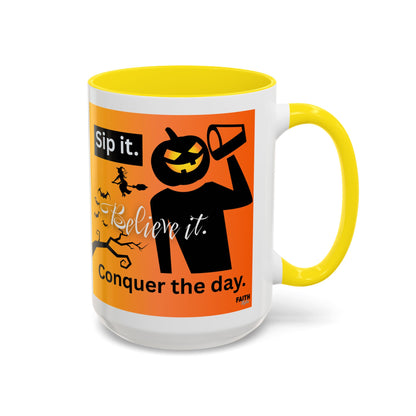 FaithStyles Halloween-Themed Coffee Mug, Sip It Believe It Conquer the Day, Fall Decor, Gift for Pumpkin Lovers, Autumn Kitchenware