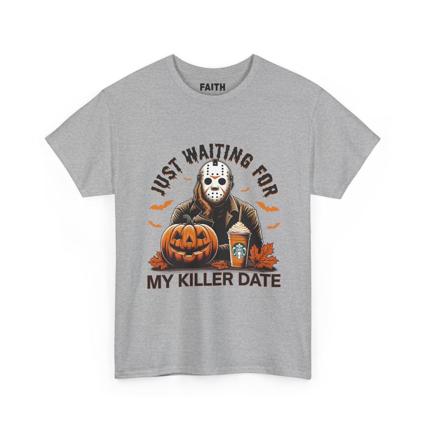 Unisex Halloween Graphic Tee, Spooky T-Shirt for Fall, Just Waiting for My Killer Date Shirt, Perfect for Halloween Parties or Gift