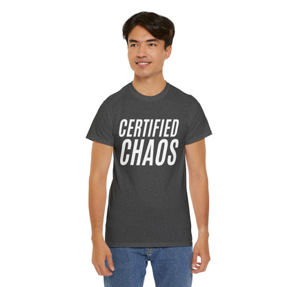 Certified Chaos Unisex Heavy Cotton Tee, Casual Tee, Graphic Tee, Trendy T-Shirt, Gift for Friends, Everyday Wear